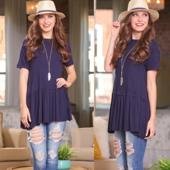 Infinity Raine Tops - Navy Ruffle Hem Tunic